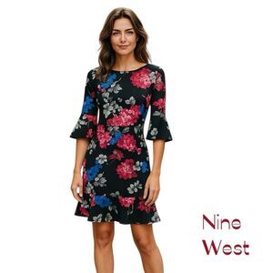 Nine West Black Pink Bold Floral Dress NWOT Size 8